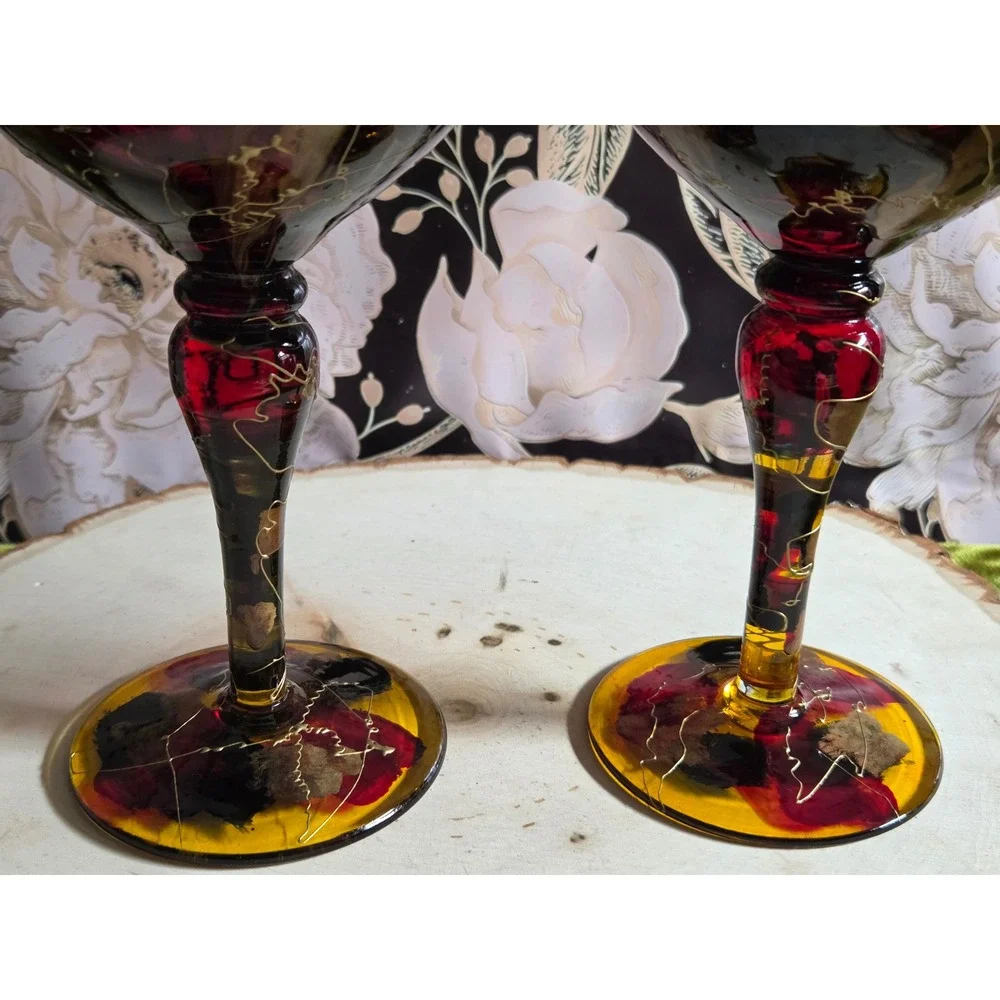 Euroglass‎ Stemware Hand Painted Abstract Wine Glasses Red Blue Yellow Gold Pair